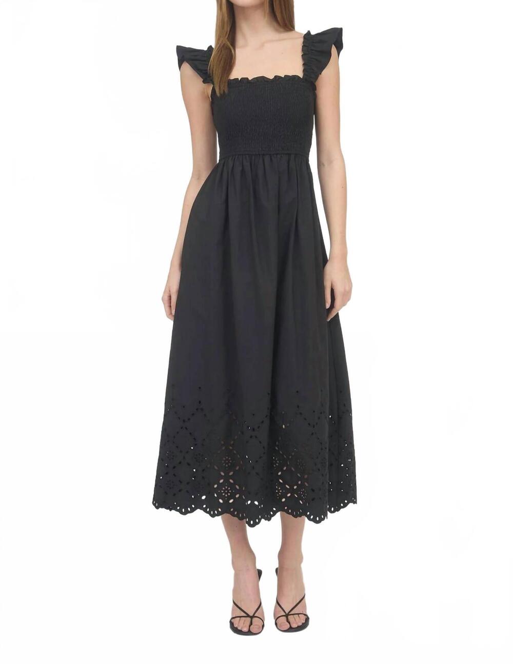 NEW BLU PEPPER smocked ruffle sleeve eyelet hem midi dress in black